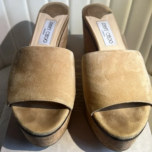 💕 JIMMY CHOO DeeDee Suede Platform Mules Camel Size 38 (8) 💕