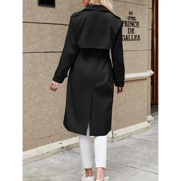 💫 Women Black Causal Long Overcoat Double Breasted Windproof Belt Trench Coats