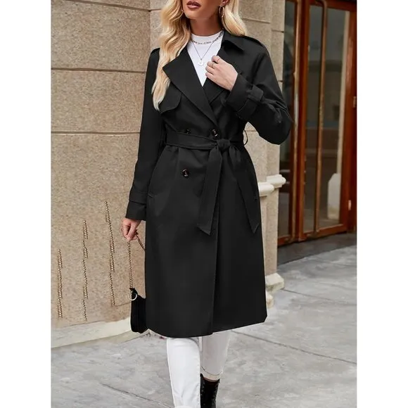 💫 Women Black Causal Long Overcoat Double Breasted Windproof Belt Trench Coats
