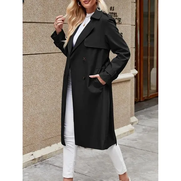 💫 Women Black Causal Long Overcoat Double Breasted Windproof Belt Trench Coats