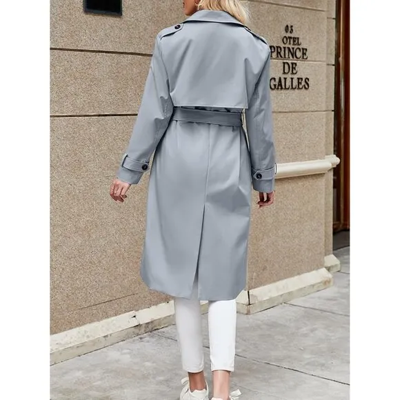 💫 Women Blue Causal Long Overcoat Double Breasted Windproof Belt Trench Coats