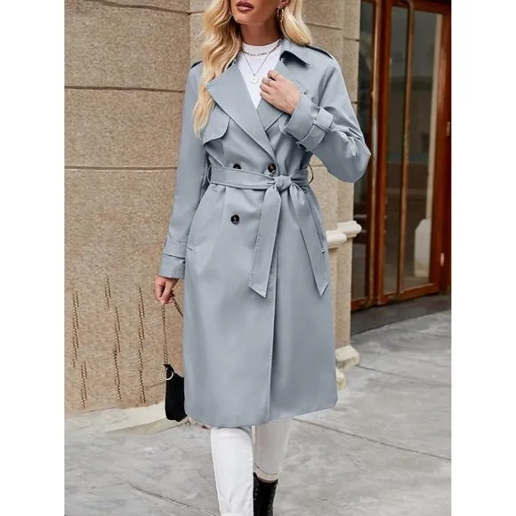 💫 Women Blue Causal Long Overcoat Double Breasted Windproof Belt Trench Coats