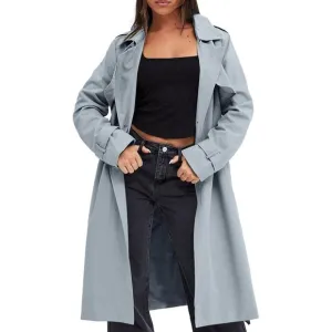 💫 Women Blue Causal Long Overcoat Double Breasted Windproof Belt Trench Coats