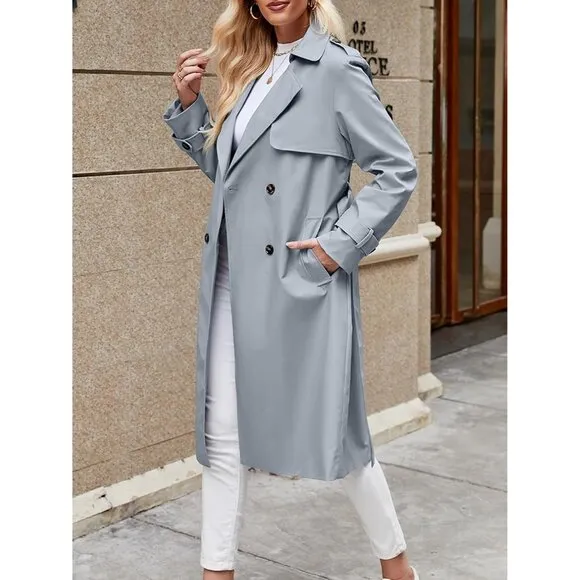 💫 Women Blue Causal Long Overcoat Double Breasted Windproof Belt Trench Coats