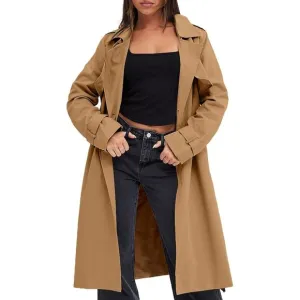 💫 Women Brown Causal Long Overcoat Double Breasted Windproof Belt Trench Coats
