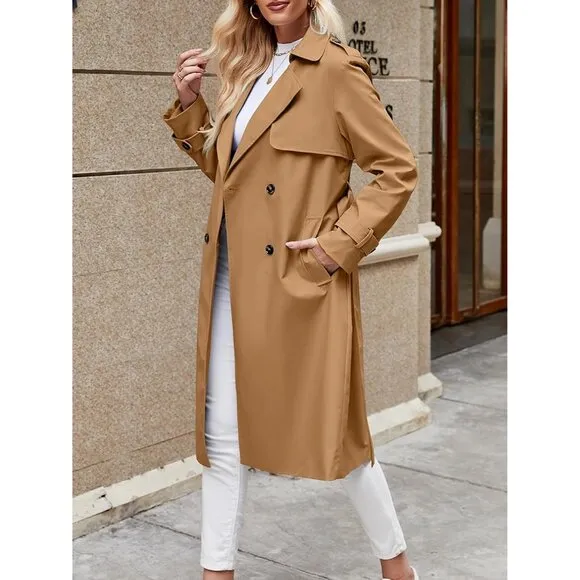 💫 Women Brown Causal Long Overcoat Double Breasted Windproof Belt Trench Coats