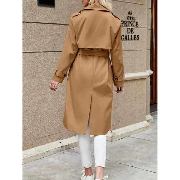 💫 Women Brown Causal Long Overcoat Double Breasted Windproof Belt Trench Coats