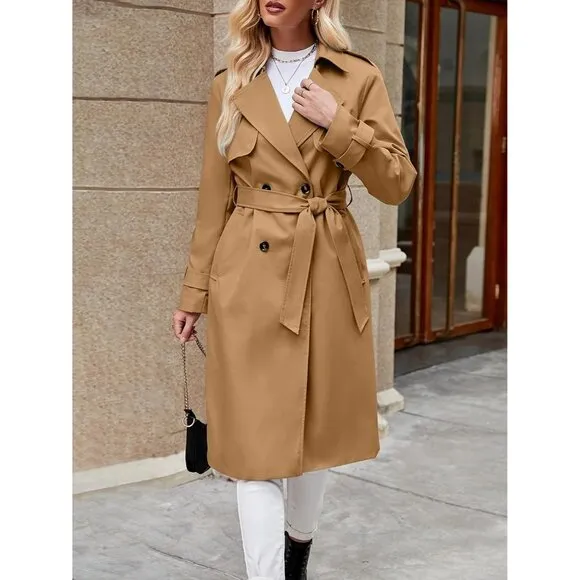 💫 Women Brown Causal Long Overcoat Double Breasted Windproof Belt Trench Coats