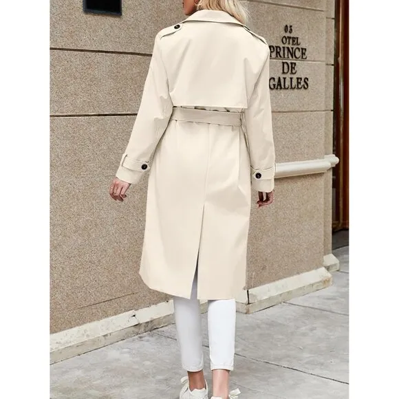 💫 Women Cream Causal Long Overcoat Double Breasted Windproof Belt Trench Coats