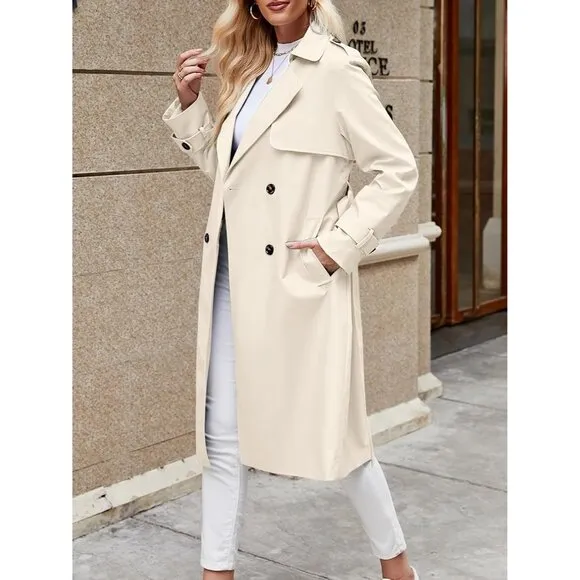💫 Women Cream Causal Long Overcoat Double Breasted Windproof Belt Trench Coats
