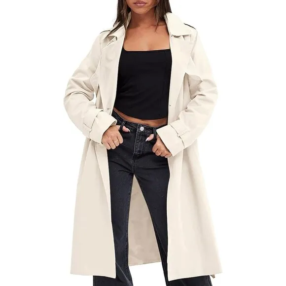 💫 Women Cream Causal Long Overcoat Double Breasted Windproof Belt Trench Coats