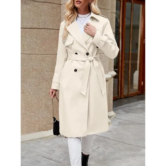 💫 Women Cream Causal Long Overcoat Double Breasted Windproof Belt Trench Coats