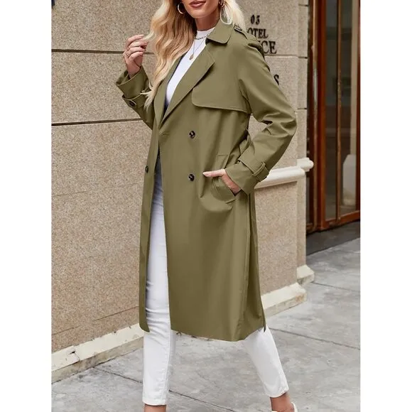 💫 Women Green Causal Long Overcoat Double Breasted Windproof Belt Trench Coats