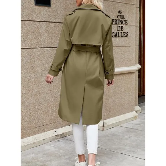💫 Women Green Causal Long Overcoat Double Breasted Windproof Belt Trench Coats