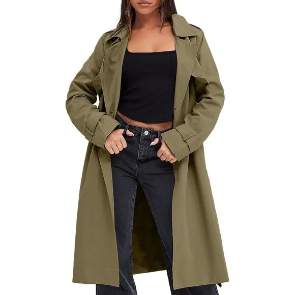 💫 Women Green Causal Long Overcoat Double Breasted Windproof Belt Trench Coats