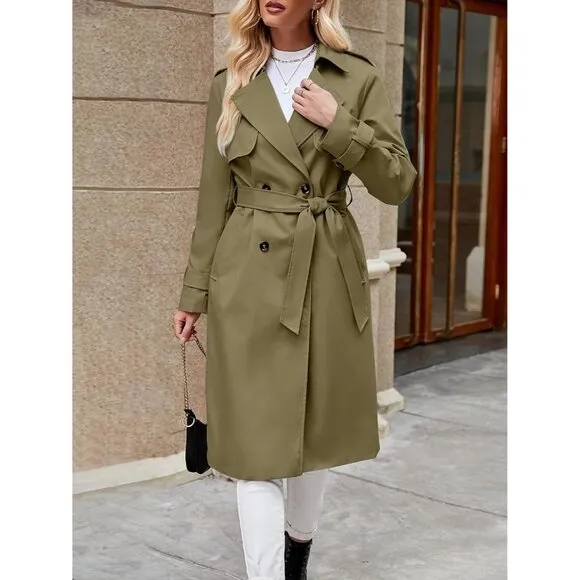 💫 Women Green Causal Long Overcoat Double Breasted Windproof Belt Trench Coats