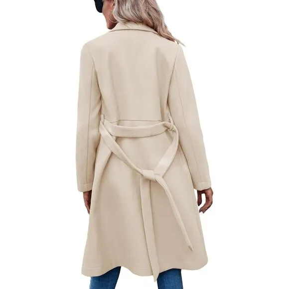 ✨ Women's Cream Pea Trench Coats Notched Lapel Belted Casual Outerwear Jackets
