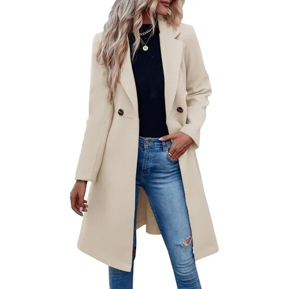 ✨ Women's Cream Pea Trench Coats Notched Lapel Belted Casual Outerwear Jackets
