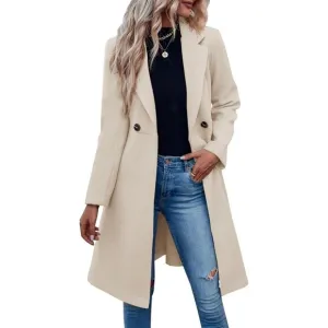 ✨ Women's Cream Pea Trench Coats Notched Lapel Belted Casual Outerwear Jackets