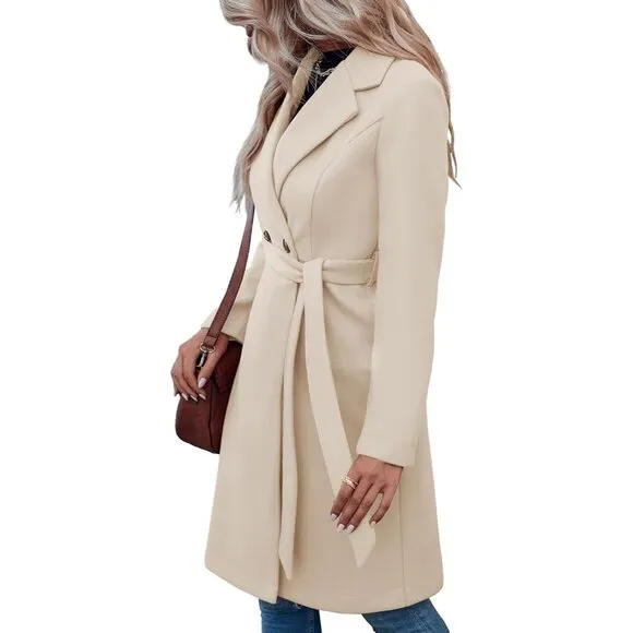 ✨ Women's Cream Pea Trench Coats Notched Lapel Belted Casual Outerwear Jackets