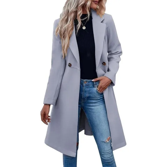 ✨ Women's Grey Pea Trench Coats Notched Lapel Belted Casual Outerwear Jackets