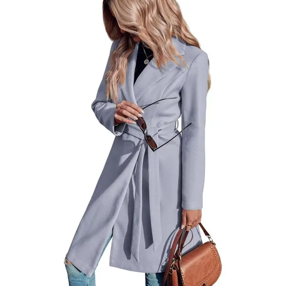✨ Women's Grey Pea Trench Coats Notched Lapel Belted Casual Outerwear Jackets