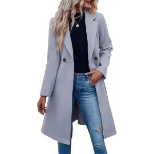 ✨ Women's Grey Pea Trench Coats Notched Lapel Belted Casual Outerwear Jackets