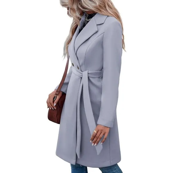 ✨ Women's Grey Pea Trench Coats Notched Lapel Belted Casual Outerwear Jackets