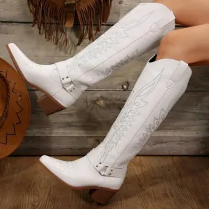 2024 New Vintage Embroidered Western Cowboy Boots, White Genuine Leather