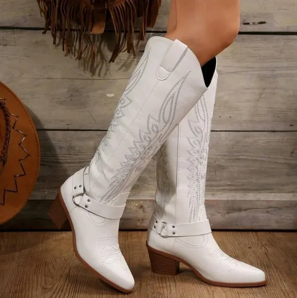 2024 New Vintage Embroidered Western Cowboy Boots, White Genuine Leather