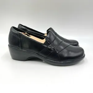 6W 6 W WIDE WIDTH Clarks May Marigold Black Leather Slip On Clogs Loafers Shoes