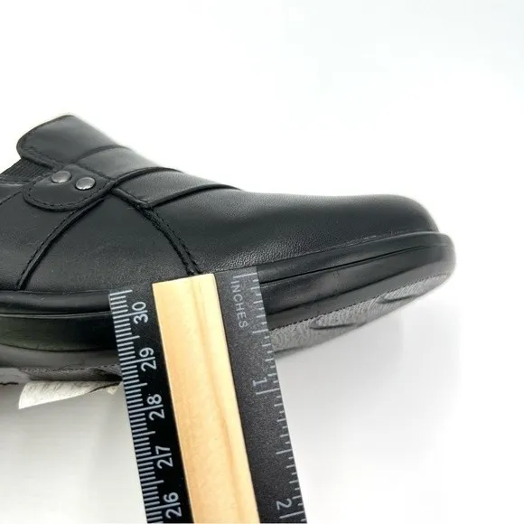 6W 6 W WIDE WIDTH Clarks May Marigold Black Leather Slip On Clogs Loafers Shoes