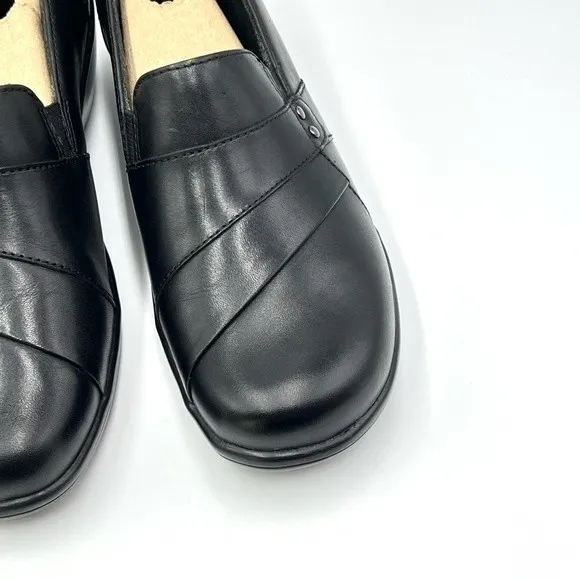 6W 6 W WIDE WIDTH Clarks May Marigold Black Leather Slip On Clogs Loafers Shoes