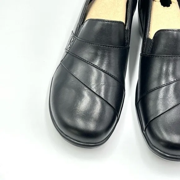 6W 6 W WIDE WIDTH Clarks May Marigold Black Leather Slip On Clogs Loafers Shoes