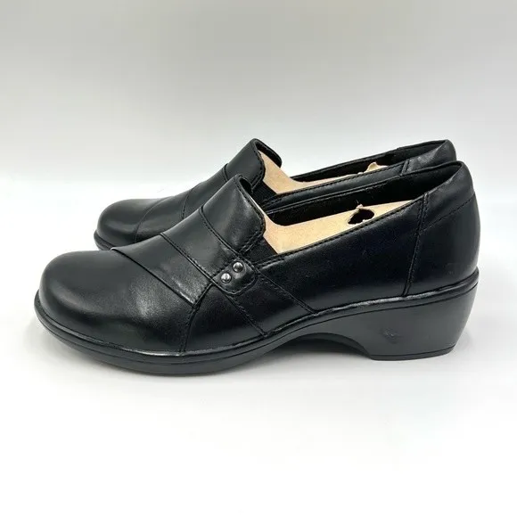6W 6 W WIDE WIDTH Clarks May Marigold Black Leather Slip On Clogs Loafers Shoes