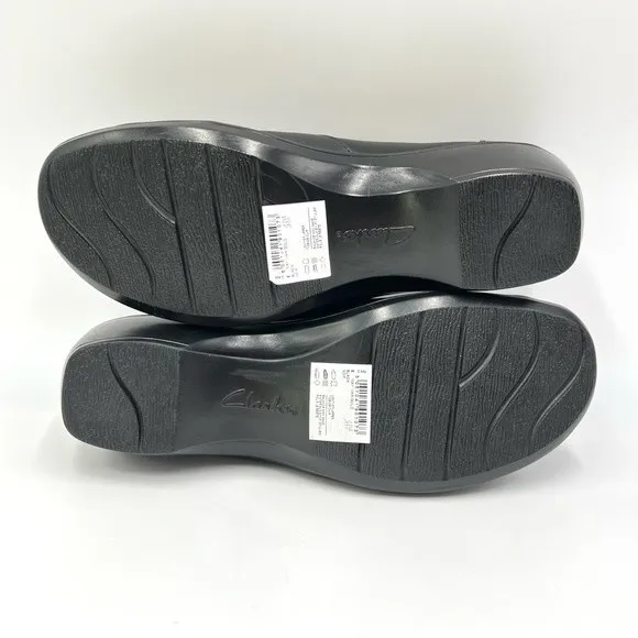 6W 6 W WIDE WIDTH Clarks May Marigold Black Leather Slip On Clogs Loafers Shoes