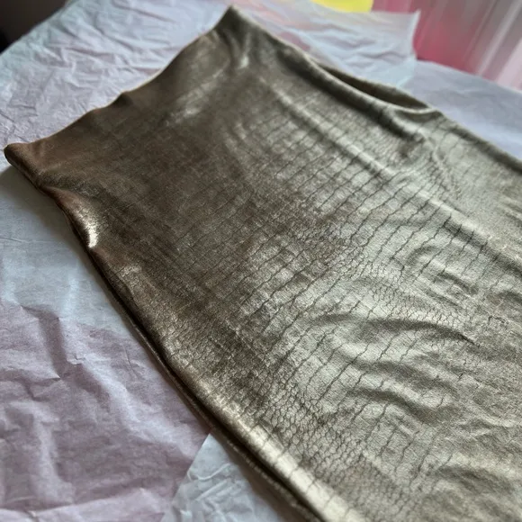 90s VTG EUC champagne stretch velvet column skirt with back slit sz S crocodile