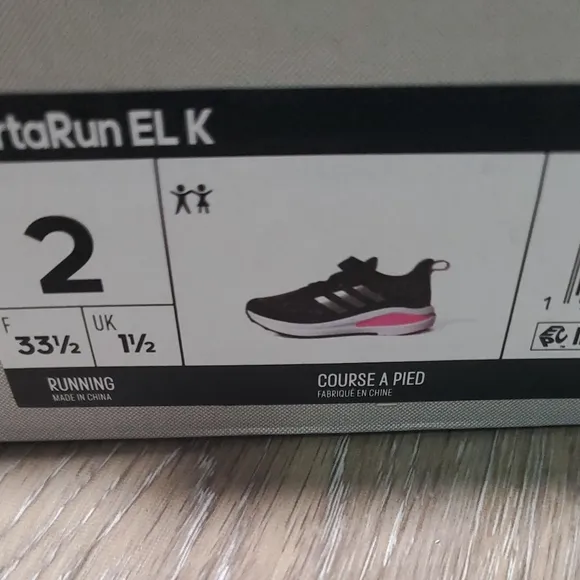 Adidas Fortarun EL K black, gray print and pink accents running shoe Size 2