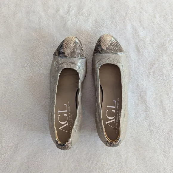 AGL Attilio Giusti Leombruni Beige Leather Snake Cap Toe Flats - EU 38.5/US 8