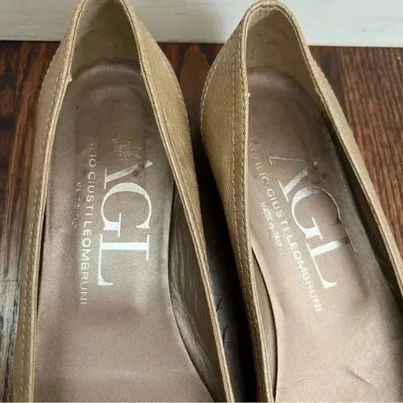 AGL  ATTILIO GUISTI LEOMBRUNI Tan Shimmer Open Toe Leather Ballet Flats 37.5/7.5