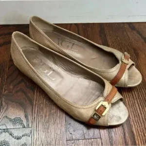 AGL  ATTILIO GUISTI LEOMBRUNI Tan Shimmer Open Toe Leather Ballet Flats 37.5/7.5