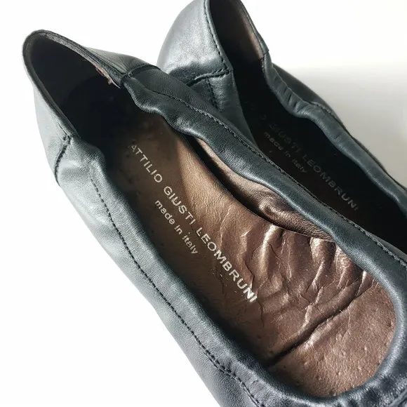 AGL Toe Cap Leather Ballet Black Flats Size 38 Round Toe Buckle Office Classic
