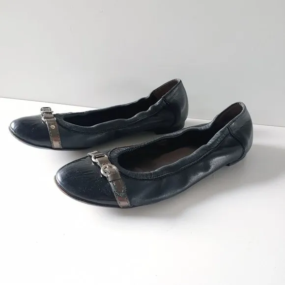 AGL Toe Cap Leather Ballet Black Flats Size 38 Round Toe Buckle Office Classic