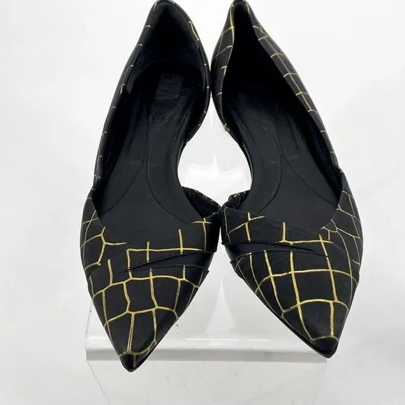 Alexander McQueen Metallic Embossed Ballerina Flats Croc Leather Black Gold 40