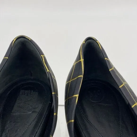 Alexander McQueen Metallic Embossed Ballerina Flats Croc Leather Black Gold 40