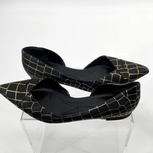 Alexander McQueen Metallic Embossed Ballerina Flats Croc Leather Black Gold 40
