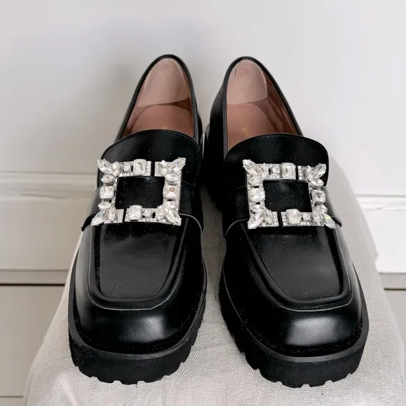 ALL BLACK womens embellished penny loafers never worn brand new size 39.5