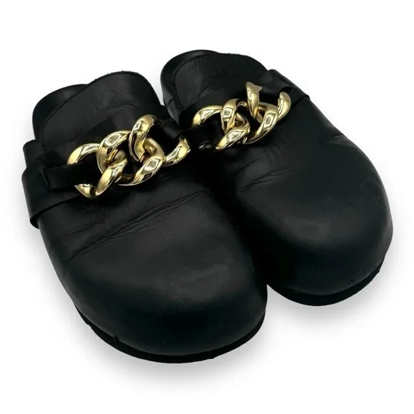 Alohas Fireplace Chain Leather Clogs Flats, Black, Size 39 EUR/8.5 US