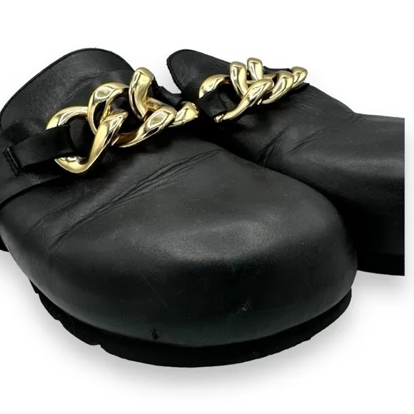 Alohas Fireplace Chain Leather Clogs Flats, Black, Size 39 EUR/8.5 US