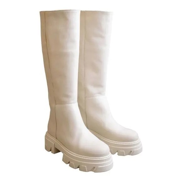 Alohas Katiuska Tall Lug Boots Off White Leather Knee High Chunky Platform 9.5